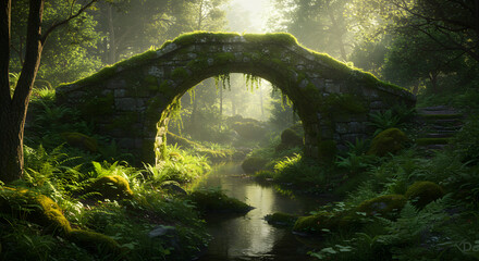 Moss covered stone bridge over a stream in a lush green forest with sunlight shining through the trees