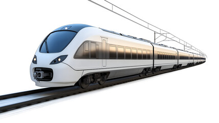 Fototapeta premium A train is traveling down the tracks with its lights on. The train is long and white. The train is moving fast and is surrounded by a snowy landscape