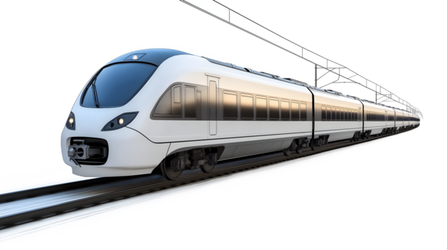 A train is traveling down the tracks with its lights on. The train is long and white. The train is moving fast and is surrounded by a snowy landscape