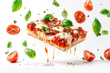 Square slice of pizza floating with melted mozzarella and fresh basil