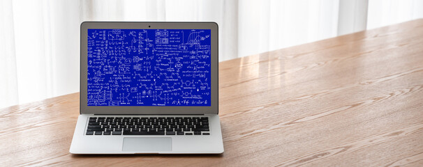 Mathematic equations and modish formula on computer screen showing concept of science and education