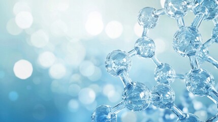 The image features a close-up of a molecular structure with clear glass-like spheres against a soft blue background. The focus is on creativity and scientific illustration.
