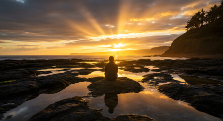 Silhouette person sitting on rock reflecting in water at sunset with sun rays and coastal landscape