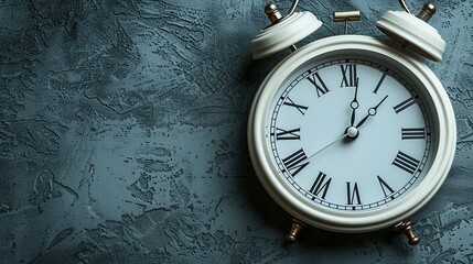 Vintage White Alarm Clock with Roman Numerals on a Textured Grey Concrete Wall Time Concept