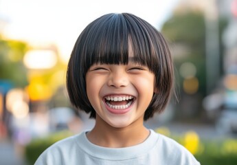 Fröhliches Kind mit schwarzem Haar lacht in der Stadt, unscharfer Hintergrund mit Lichtern – Happy child with black hair laughing in the city, blurred background with lights