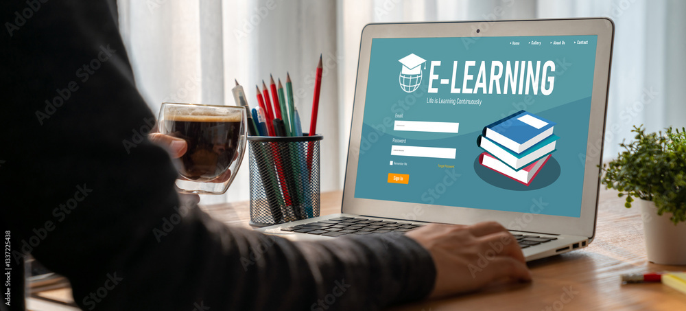 Poster e-learning website with modish sofware for student to study online on the internet network