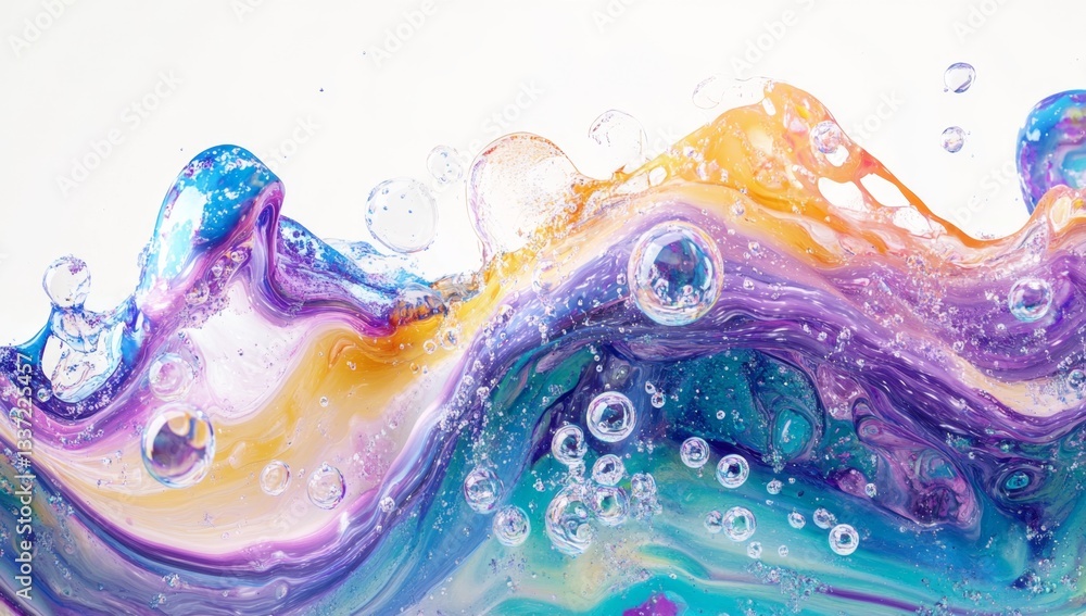 Poster abstract fluid art with vibrant colors and bubbles. a dynamic mix of hues create a flowing, wavy des
