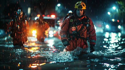 Fototapeta premium Rescue workers wading through floodwaters during a heavy rainstorm at night