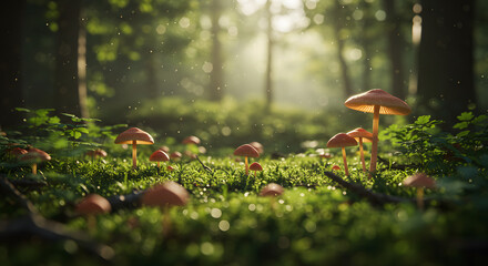 A magical forest scene with mushrooms growing in the sunlight on a mossy forest floor landscape
