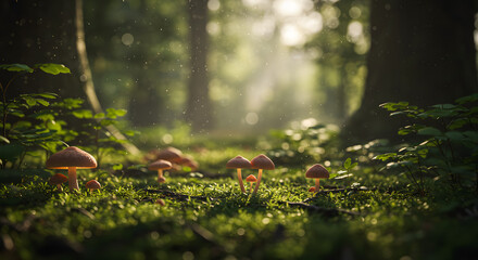 A group of mushrooms growing in a forest with sunlight shining through the trees in the background