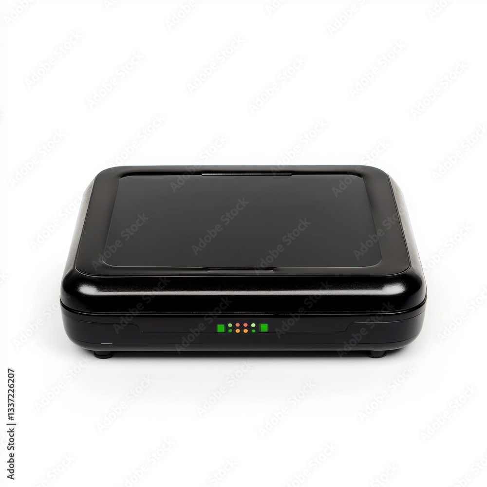 Poster stylish black and white portable scanner device captured in realistic photography with ample copy sp