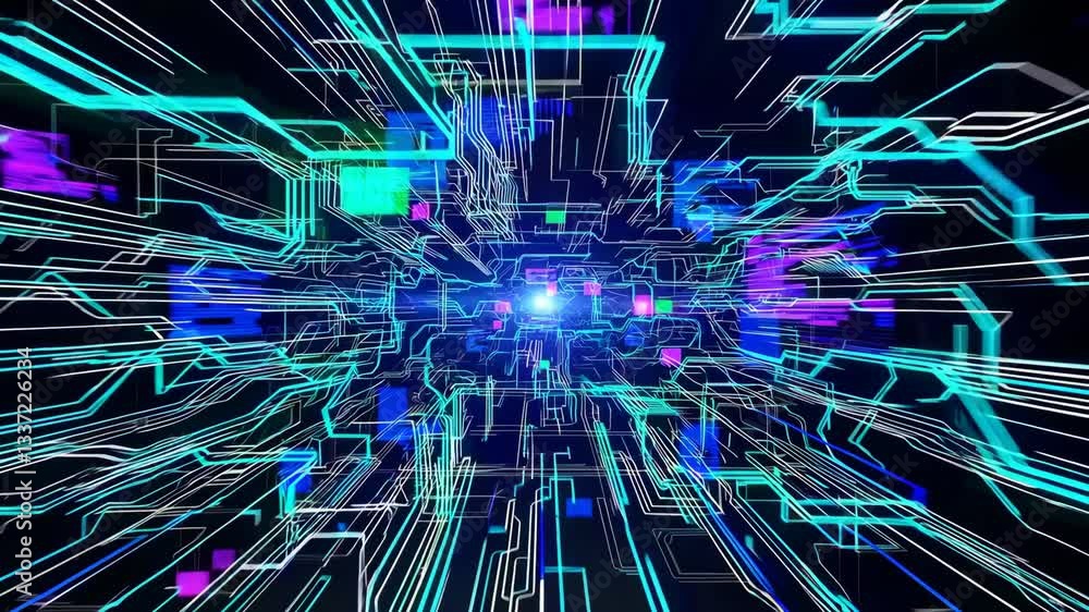 Poster exploring vibrant digital landscapes with neon colors and circuit patterns in motion