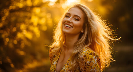 A blonde woman smiling in a floral dress with sunlight and bokeh in the background outdoors portrait