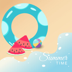 The summer season. Background of a beach with balloon, watermelon,ball. Vector