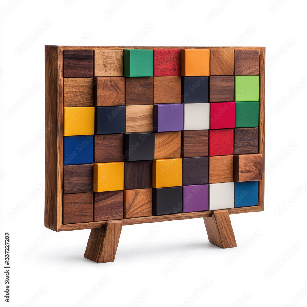Poster a vibrant and colorful wooden cube cabinet displaying an array of organizational possibilities for p