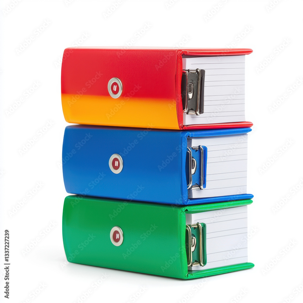 Poster A neatly stacked collection of colorful binders organized for project management tasks in a professional office environment