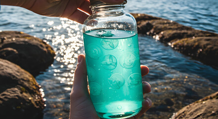 Hand holding a jar of blue liquid with jellyfish suction cups near a rocky shoreline ocean view