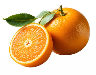 A whole orange with green leaves and a half cut orange, isolated on white, generative ai