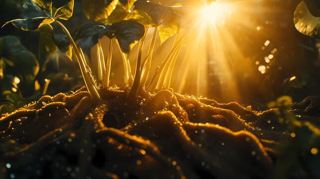 Light shining through leca and roots of alocasia frydek, lux, leca. Glistening Roots. Illustration