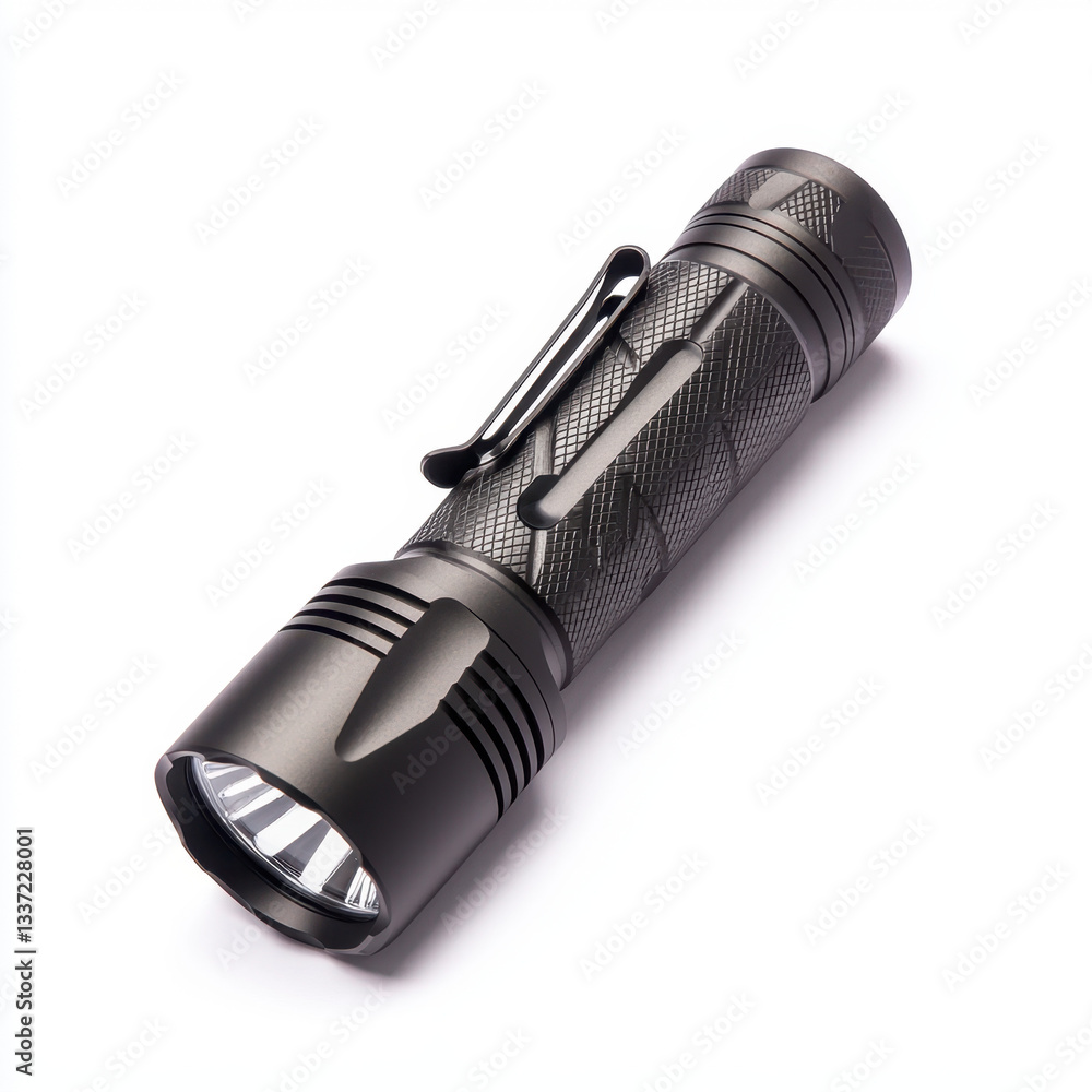 Poster compact and versatile rechargeable flashlight on a clean white background showcasing its realistic d