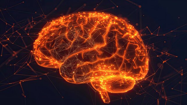 A dynamic digital artwork featuring a luminous brain with detailed neural pathways, highlighting themes of innovation in neural networks and data processing, with space for text - Powered by Adobe