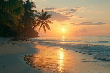 Golden sunset over ocean water and sandy tropical beach shoreline