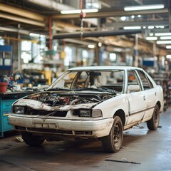 Obraz premium Abandoned White Car Frame in Auto Repair Shop Awaiting Restoration, Carcass and Dismantled Engine Visible