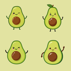 cute happy avocado with tiny arms and winking face, green and brown vector illustration