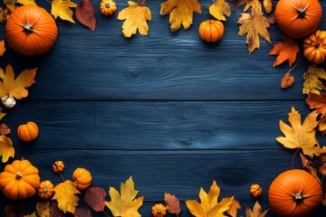 Autumnal border design with pumpkins and leaves on dark blue wooden planks