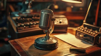 Vintage-style microphone on a wooden desk, surrounded by antique objects and warm lighting