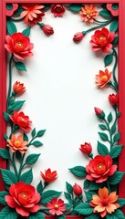 Fototapeta premium Elaborate paper-cut window art; vibrant flowers & lucky symbols , decorative, ancient, craft