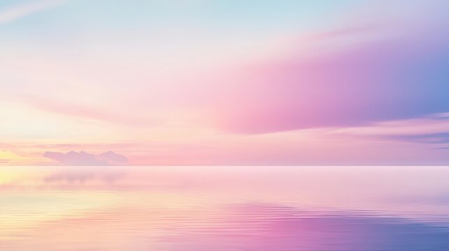 A serene illustration of a pastel gradient sunset sky perfectly reflected in still water. A beautiful and tranquil abstract background for summer, calm, and wellness themes