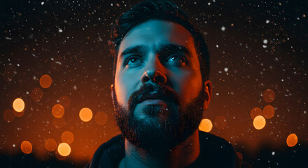 Man with beard looking up in the snow with bokeh lights in the background and blue and orange lighting