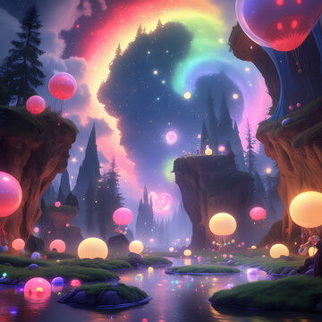 Dreamlike April Fool s Day celebration in a mystical realm with trickster spirits under a colorful aurora and floating prank islands