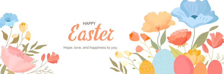 Happy Easter banner with pastel colors, eggs, a bunny, and spring flowers in a modern style. Perfect for greeting cards, posters, web headers, social media, and seasonal designs