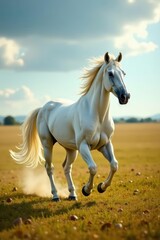 Majestic white stallion galloping across open field, spirited, vibrant