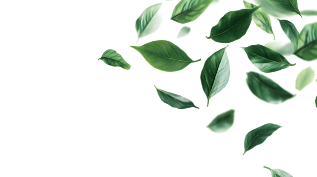 A white background with green leaves flying in the air. The leaves are scattered all over the background, creating a sense of movement and freedom. The image conveys a feeling of nature