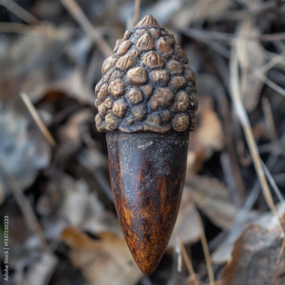 Poster Detailed Acorn Close-Up on Forest Floor: A Macro Shot of Autumn's Natural Treasures, Showing Textures and Tones in Sharp Focus