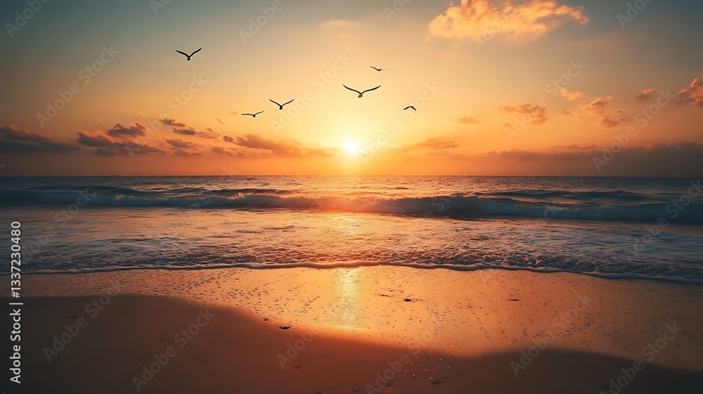 Poster a tranquil beach at dawn with the first rays of light illuminating the waves and the sound of seagul