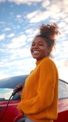 Fototapeta premium Smiling woman charging electric vehicle during clear sky