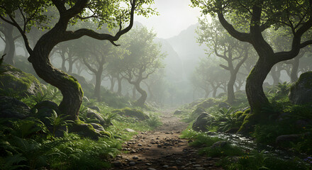 A misty forest path with mossy trees and rocks leading towards distant mountains in soft light