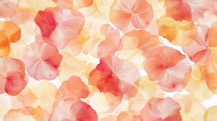 A vibrant illustration of soft, translucent pink and orange flowers overlapping with a white backdrop, creating a serene and artistic floral pattern.