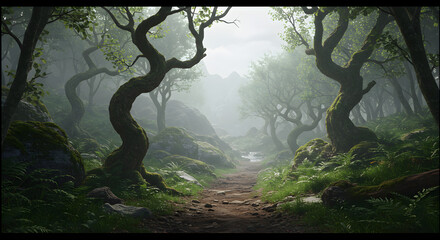 A winding path through a misty forest with moss covered trees and rocks in a tranquil atmosphere