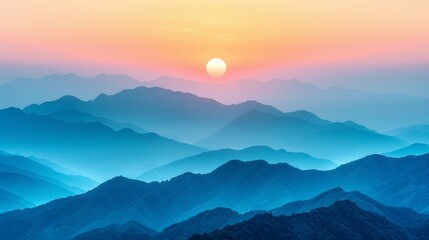 Fototapeta premium Serene sunrise over misty blue mountain valley with soft pastel skies and dreamlike landscape