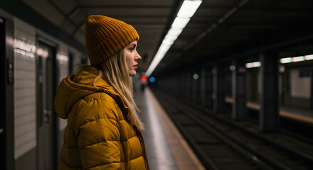Woman in yellow jacket and beanie waits at a subway station with blurred background and train tracks