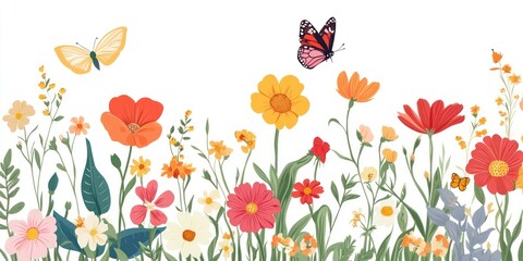 Spring flowers and butterfly border art invertebrate illustration.