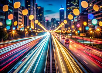 Obraz premium Night City Rush Hour Timelapse with Bokeh Lights and Trails