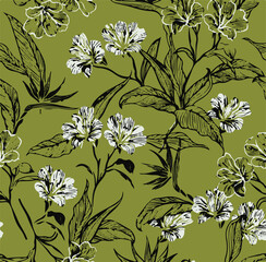 Vintage seamless floral pattern. Liberty style background of small golden orange flowers. Small flowers scattered over a white background. Stock vector for printing on surfaces. Realistic flowers.