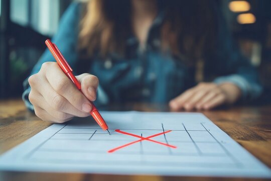 person hand holding a red pen and marking an "X" on a grid.