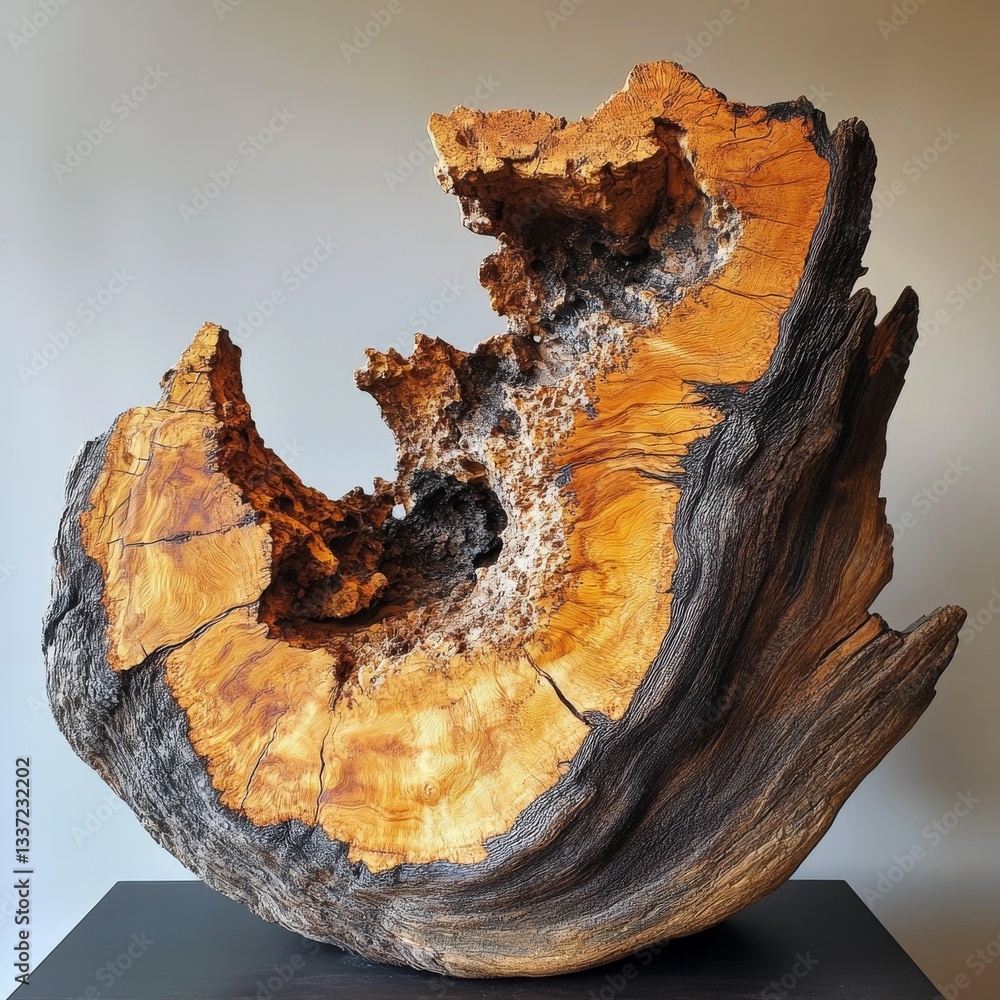 Aufkleber Intricate Wood Sculpture: Abstract Tree Trunk Art with Eroded Center and Rich Grain Patterns, Displayed on a Modern Black Stand